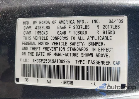 2009 Honda Accord 2.4 Lx из США, поврежденный, VIN 1HGCP25349A130265